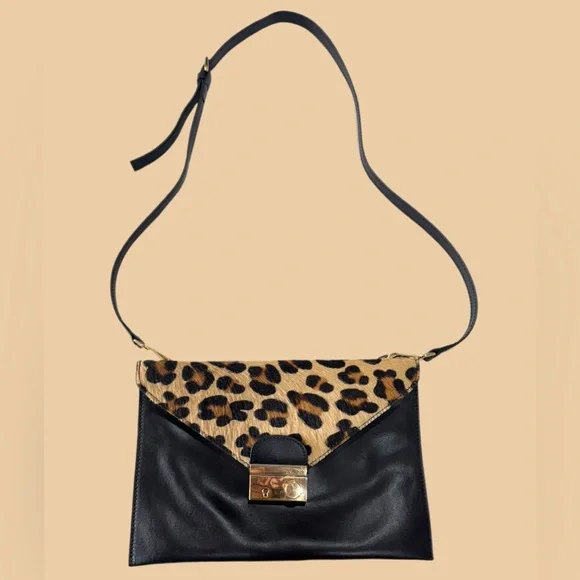 Rare Italian Vittoria Napoli Leather & Calf Hair Leopard Crossbody Bag - Picture 3 of 6